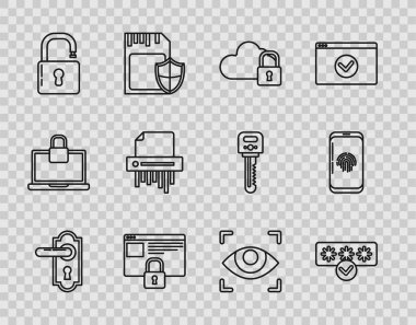 HTTPS, SSL, Açık asma kilit, kağıt öğütücü gizliliği, göz taraması ve akıllı telefon parmak izi tarayıcı ikonu ile sitenizi emniyete alın. Vektör