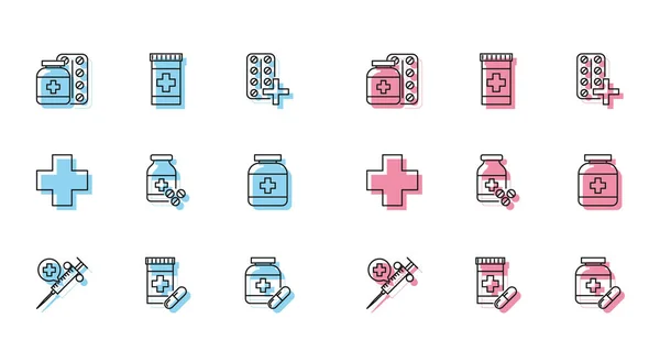 Stock vector Set line Medical syringe with needle, Medicine bottle and pills, Cross hospital medical and  icon. Vector