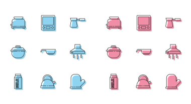 Süt için kağıt paketi, saplı kettle, tost makinesi, fırın eldiveni, kızartma tavası, mutfak vantilatörü, pişirme kabı ve elektronik ölçek ikonu. Vektör