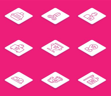 Pet taşıma çantası, makas kuaförü, veteriner doktor, ilk yardım çantası, ödül, evcil hayvan bakımı, yatak ve saç kırpma ikonu. Vektör