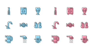 Hattı kurun. Havlu korkuluğu, duş, tuvalet fırçası, gaz kazanları, sanayi borusu ve vanası, lastik eldivenler, musluk ve çamaşır makinesi ikonu. Vektör