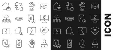 Freelancer, Heart with text work, Dilsiz mikrofon bilgisayarda, online çalışma, Web kamera ve zaman yönetimi ikonu. Vektör