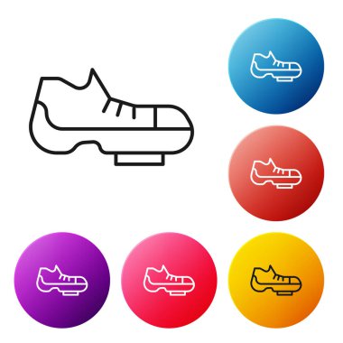 Siyah çizgili triatlon bisiklet ayakkabısı ikonu beyaz arka planda izole edilmiş. Spor ayakkabılar, bisiklet ayakkabıları. Renkli daire düğmelerini ayarlayın. Vektör.