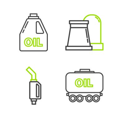 Petrol hattı, benzin deposu, benzin pompası hortumu, fabrika binası ve motor makine yağı ikonu için teneke kutu ayarlayın. Vektör.