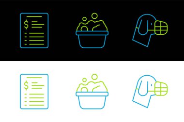 Köpek ağızlık takıyor, kuaför salonu fiyat listesi ve evcil hayvan banyo ikonu. Vektör