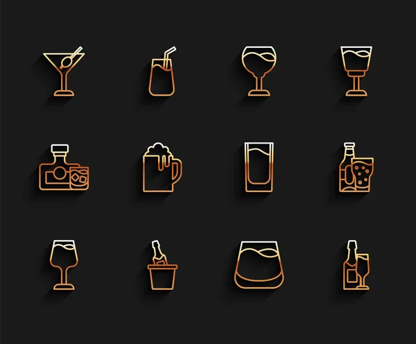 ラインを設定ワイングラス シャンパンアイスバケツ マルティーニ ウイスキーのガラス ボトルと 木製のビールマグカップ ビールとショットのアイコン ベクトル — ストックベクタ