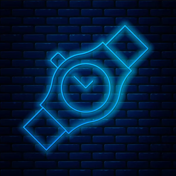 ネオンラインの輝きレンガの壁の背景に隔離された手首の時計アイコン 腕時計のアイコン ベクトル — ストックベクタ
