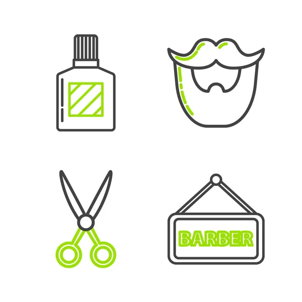 Definir Linha Barbearia Tesoura Cabeleireiro Bigode Barba Ícone Aftershave Vetor — Vetor de Stock