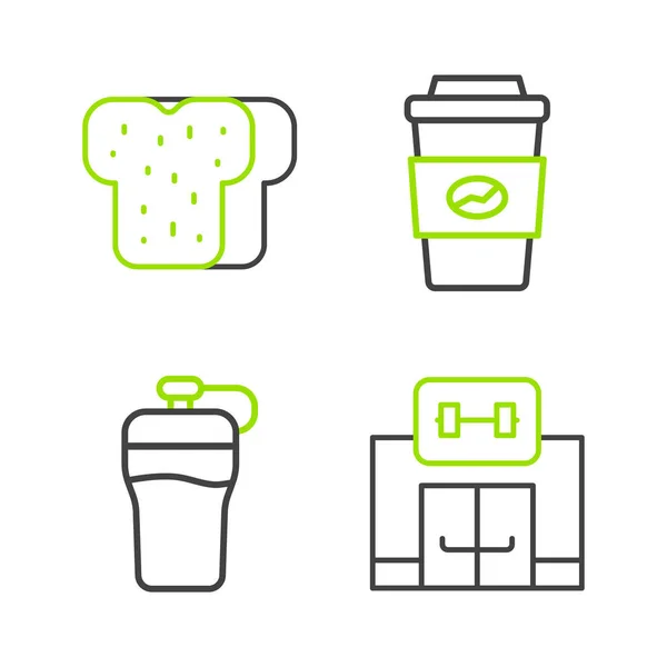 stock vector Set line Gym building, Fitness shaker, Coffee cup to go and Bread toast icon. Vector