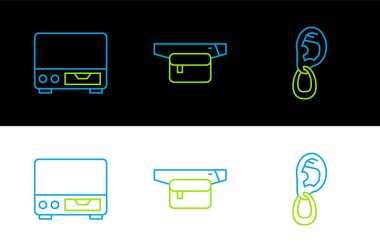 Küpeli kulaklık, eski video kasetçalar ve muz ikonlu bel çantası. Vektör