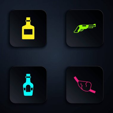 Korsan göz bandı, alkol içeceği rom ve antika tabanca. Siyah kare düğme. Vektör.