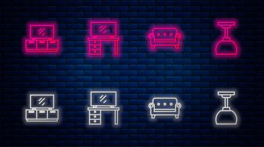 Çizgi TV masası standı, kanepe ve lamba sallanıyor. Tuğla duvarda parlayan neon simgesi. Vektör.