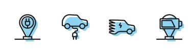 Set line Electric car Charging parking electric and Battery charge icon. Vector.
