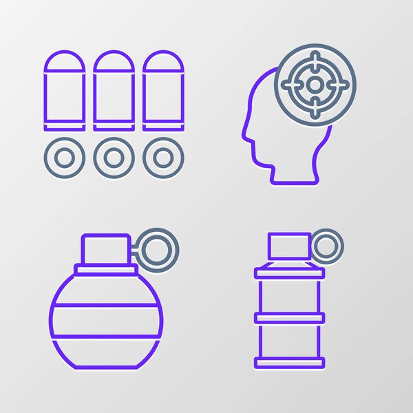 Set line Hand smoke grenade, Target sport and Bullet icon. Vector