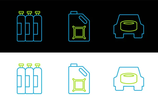 stock vector Set line Spare wheel in the car, Industrial gas cylinder tank and Canister for motor oil icon. Vector