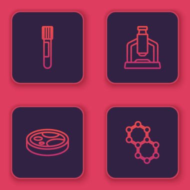 Hat test tüpü, bakteri, mikroskop ve moleküllü Petri kabı ayarlayın. Mavi kare düğme. Vektör