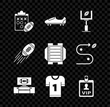 Planlama stratejisi konsepti futbol ya da futbol ayakkabıları Amerikan kale direği ve televizyon programı forması VIP rozet futbol ve saha ikonu. Vektör.