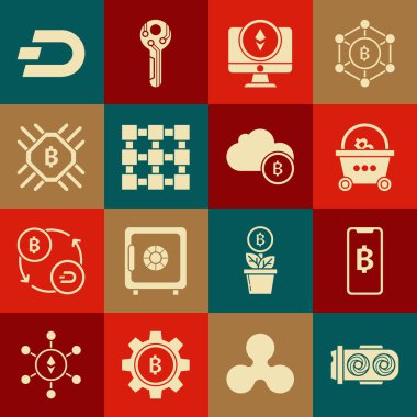 Madencilik çiftlik telefonu mobil ve kripto bozuk para alışveriş sepetini bitcoin Monitor Cryptocurrency Ethereum ETH Blockchain teknolojisi CPU madencilik Dash ve bulut simgesi ile ayarla. Vektör.