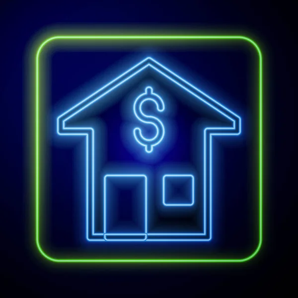 stock vector Glowing neon House with dollar symbol icon isolated on blue background. Home and money. Real estate concept. Vector.