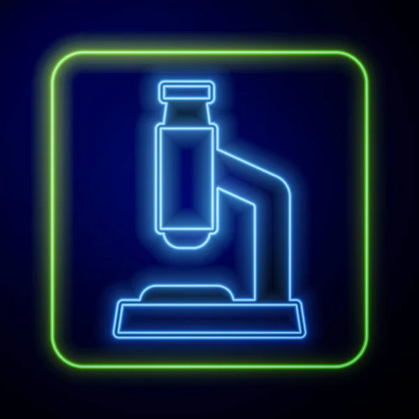 Icono Del Microscopio Neón Brillante Aislado Sobre Fondo Azul Química — Vector de stock