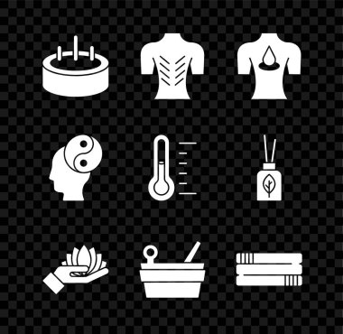 Yüzme havuzunu merdiven masajı aromalı nilüfer aromalı sauna kovası ve kepçe demeti Yin Yang ve termometre ikonu ile kurun. Vektör.