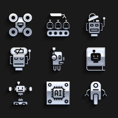 Robot İşlemciyi mikro devreli işlemci elle sökülmüş robotu düşük akü şarjı ve İHA simgesi ile ayarla. Vektör.