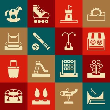 Kaykay parkı dönme dolap atış galerisi Kum Kulesi beysbol sopası, top eyeri salıncak ve sokak lambası ikonu. Vektör.