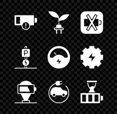 Düşük batarya tasarruf prizini yaprak batarya şarjlı araba parkına ve Voltmetre simgesine ayarla. Vektör.