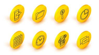 Konuşma baloncuğu sohbet hattını dolar sembolü Clock Calendar Pie grafikli bilgi büyüteç ve belge klasörü ve akıllı telefon mobil simgesi ile ayarla. Vektör.