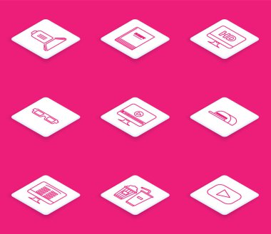 Senaryo Senaryo Bilgisayar monitörünü HD video teknolojisi 3D sinema gözlüğü ile çevrimiçi Cap yazıt yönetmeni ve patlamış mısır ve soda ikonu ile ayarla. Vektör.