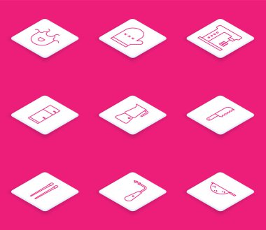 Mutfak önlüğü fırın eldiveni elektrikli karıştırıcı soğutucu Moka çömlek bıçağı yemek çubukları ve uzun elektrik çakmak ikonu. Vektör.