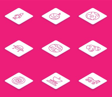 Astronot Ay 'ı, Dünya' nın uçan uzay gemisi Mars Gezegeni Asteroid Kara Deliği ve Satürn ikonu UFO ile aynı hizaya getirin. Vektör.