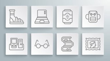 Dizüstü Laptop Kitap Kitap Posta Damgası Enerji İçeceği Okul sırt çantası ve Terlik çorap ikonu ile hat monitörünü ayarla. Vektör.