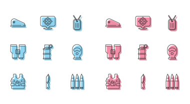 Kurşun geçirmez yelek, bıçak bereli el bombası, kar maskeli dürbün ve hedef spor ikonu. Vektör.