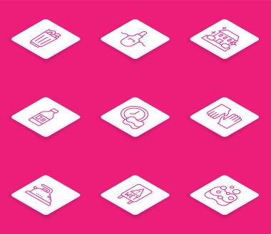 Ajan Bulaşık Yıkama Eldivenleri Elektrikli Ütü ve Islak Zemin ikonu için Mutfak Önlüğü Ev Temizleme Şişe Hattı 'nı kurun. Vektör.