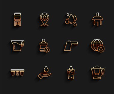 Hat su filtresi, sabun soğutuculu cam sürahi ile el yıkama. Büyük şişe, temiz Dünya gezegeni damla ve musluk ikonu. Vektör.