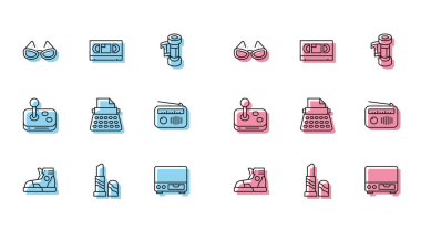 Sport spor ayakkabıları ruj eski video kaset çalar Retro daktilo radyo anten Joystick ve VHS bant ikonu ile ayarlayın. Vektör.