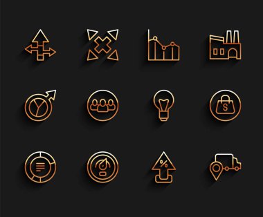 Satır çizelgesi bilgisel dijital hız göstergesi ok teslimatını yüzde yüz arttırarak Satış ve ampul ikonlu proje temel alışveriş çantasını ayarlayın. Vektör.