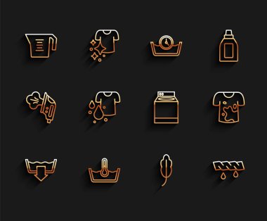 Hat yıkama modunu ayarlayın. Sıcaklık ölçme kabın tüylerini sıkma kıyafetleri, kirli tişörtler ve çamaşır yıkama ikonu. Vektör.