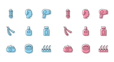 Klasik berber dükkanı direği, tıraş losyonu, jilet ve kellik ikonu için çizgi jölesi ya da balmumunu ayarlayın. Vektör.