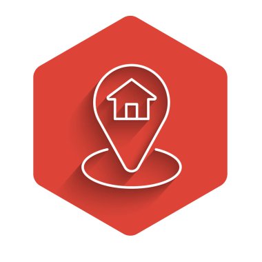 Beyaz çizgi harita işaretçisi, uzun gölge arkaplan ile izole edilmiş ev simgesi. Ev konumu belirleyici sembol. Kırmızı altıgen düğmesi. Vektör.