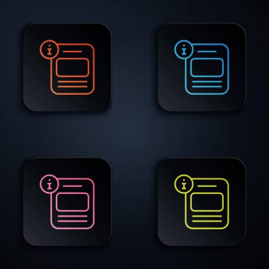 Renk neon çizgisi bilgi simgesi siyah arkaplanda izole edildi. Kare düğmelere simgeleri yerleştir. Vektör.
