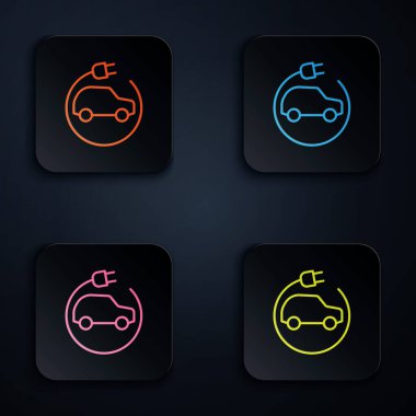 Renkli neon hattı elektrikli araba ve elektrik kablosu şarj ikonu siyah arka planda izole edildi. Yenilenebilir ekolojik teknolojiler. Kare düğmelere simgeleri yerleştir. Vektör.