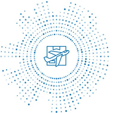 Mavi çizgi düzlem ve karton kutu simgesi beyaz arkaplanda izole edildi. Teslimat, ulaşım. Kargo hava yoluyla geliyor. Paketli uçaklar, kutular. Soyut çember rastgele noktalar. Vektör.