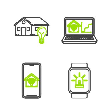 Akıllı evi akıllı saat, cep telefonlu ev-wi-fi dizüstü bilgisayarı ve ampul ikonu ile akıllı saat ayarlayın. Vektör.