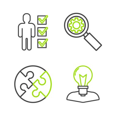 Ampul parçası, cam ve teçhizat ve kullanıcı giysisi ikonu ile insan kafası ayarlayın. Vektör.