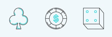 Çizgi çizgisi, zar oyunu kartı, kulüp sembolü ve kumarhane çipi dolar ikonu. Vektör.
