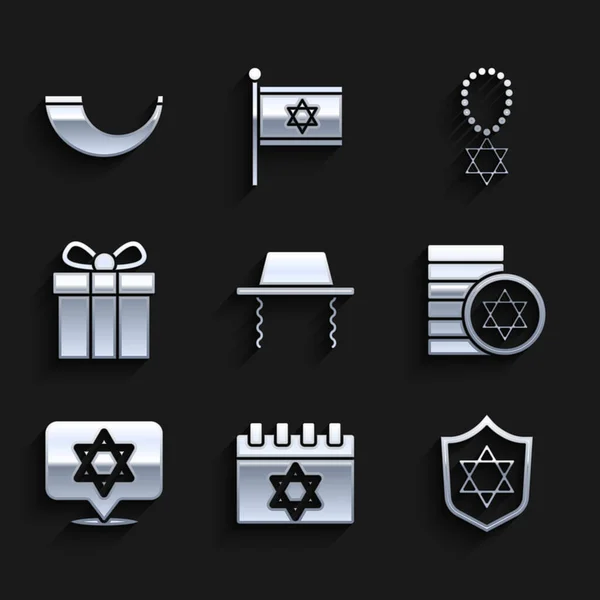 Установите Ортодоксальную Еврейскую Шляпу Еврейского Календаря Щит Звездой Давида Медалью — стоковый вектор