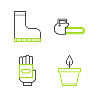 Esrar bahçesi eldivenleri, testere ve su geçirmez lastik bot ikonu yerleştirin. Vektör.