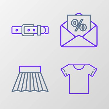 Satır çizgisi tişörtü Etek Zarfı 'nı indirimli ve deri kemer simgesiyle ayarla. Vektör.